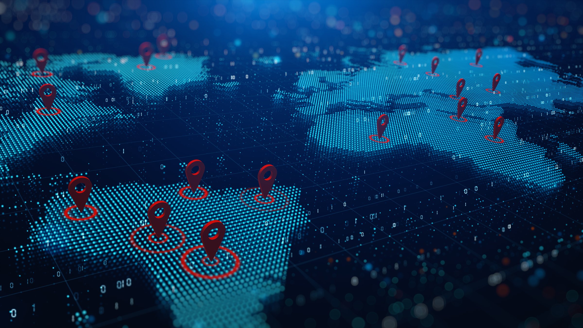 Digital world map with red location pins marking various points across continents, symbolizing global tracking, network coverage, and data analytics. 3D Rendering