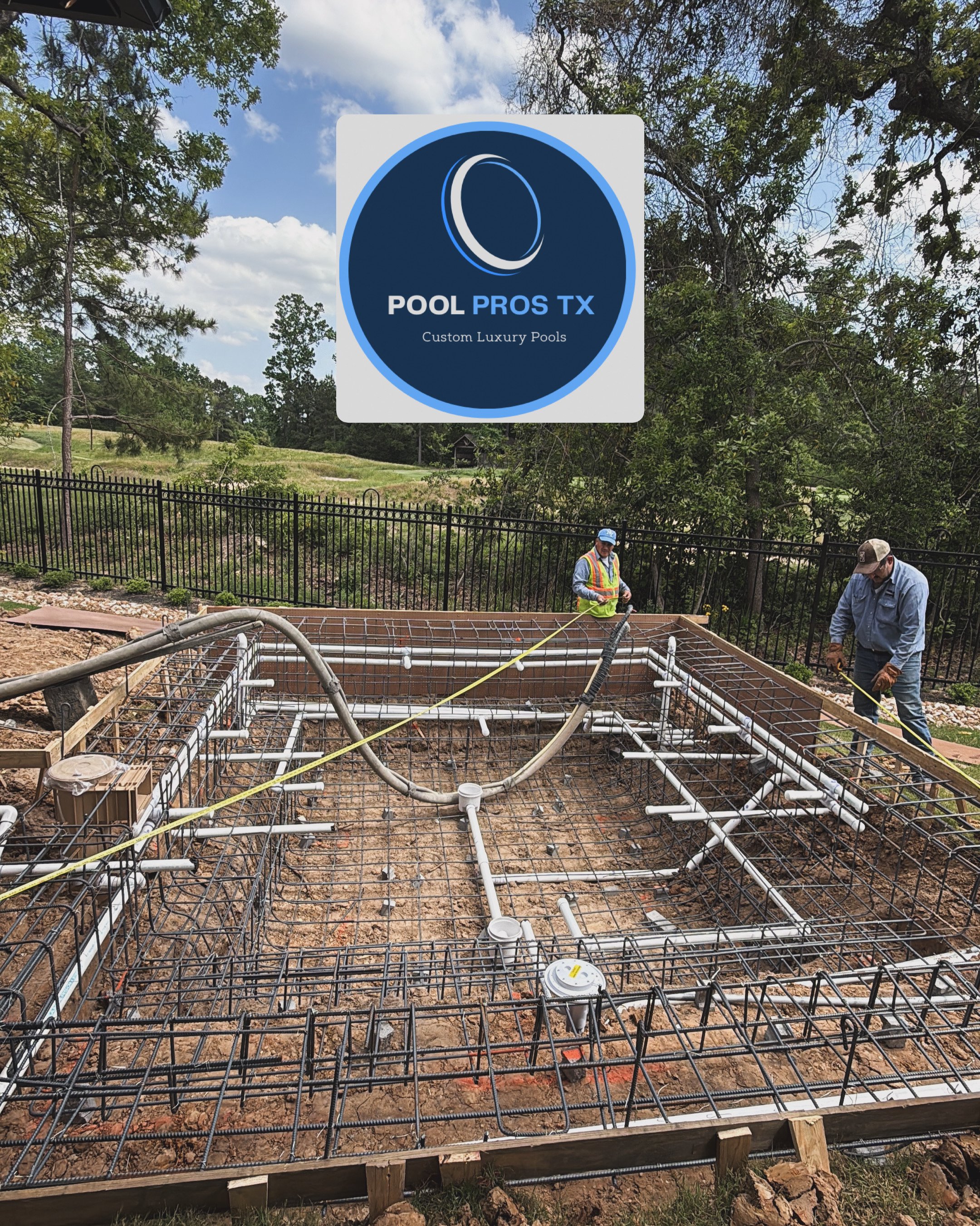 Two workers construct a pool frame with metal rebar at a site, with a Pool Pros TX logo overlaying the image.