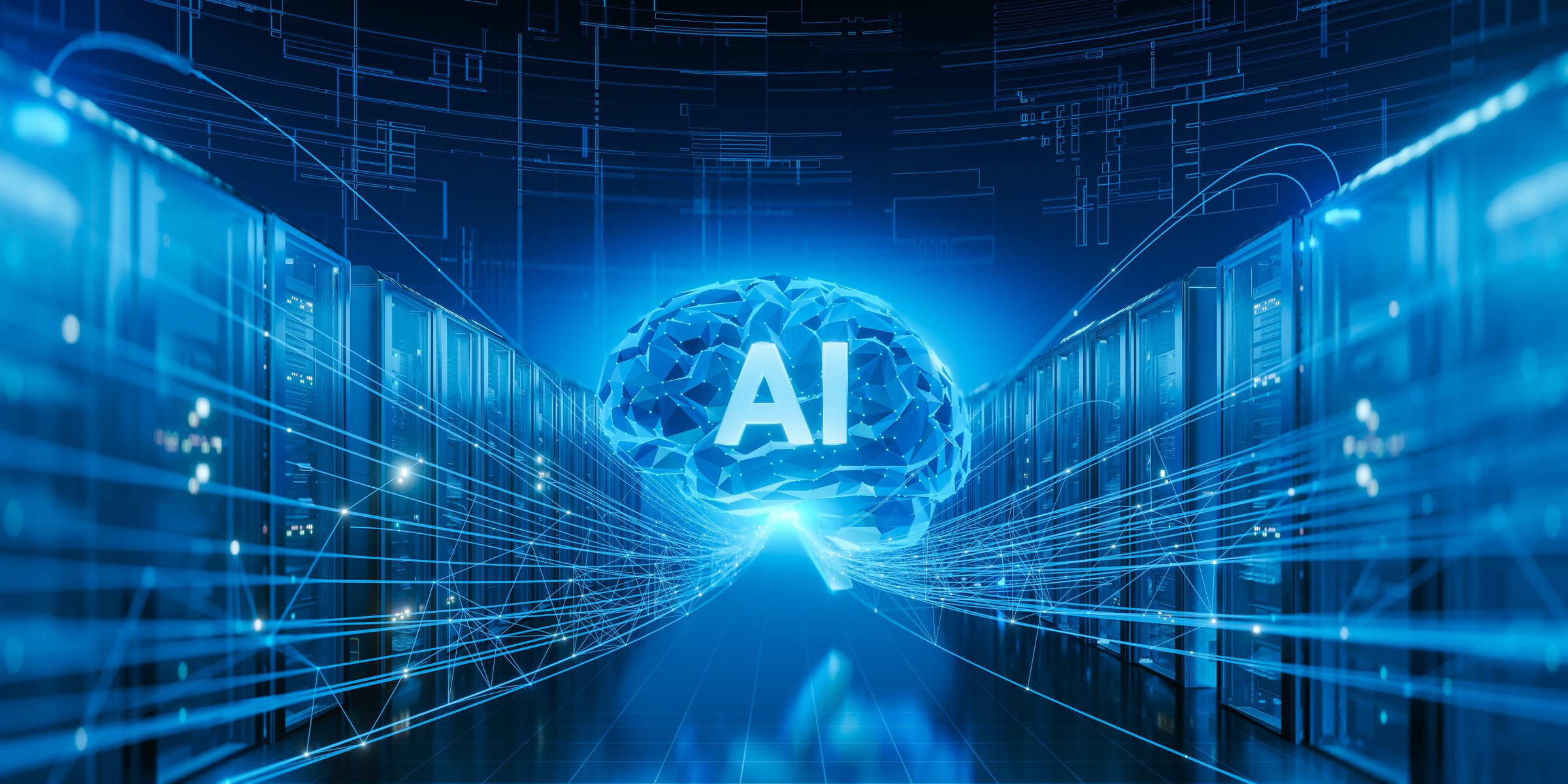 Artificial intelligence concept with a glowing polygonal brain representing AI connected by data lines to server racks in a futuristic data center, symbolizing big data processing and technology