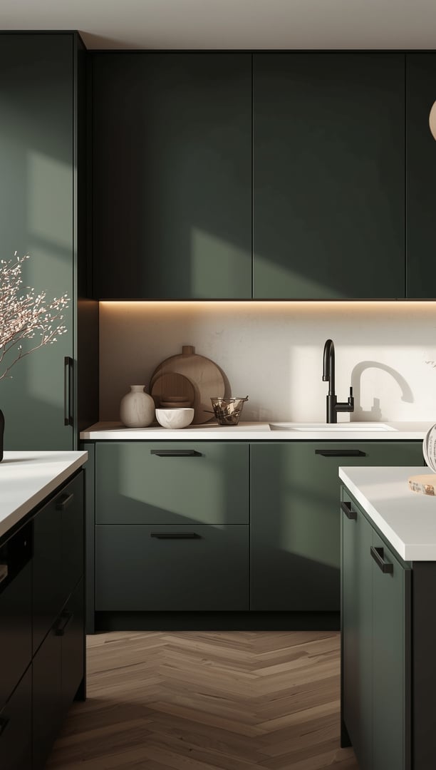 Grønt kjøkken kombinert med mørkt treverk, naturlige materialer og lun luksus.