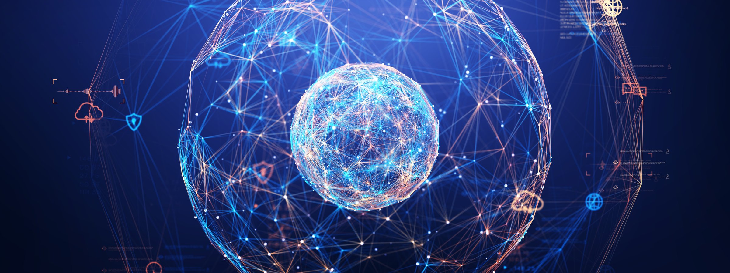 Futuristic AI sphere made of glowing cyber network connections, symbolizing data intelligence, innovation, and technology. Perfect for AI, big data, and digital transformation themes.