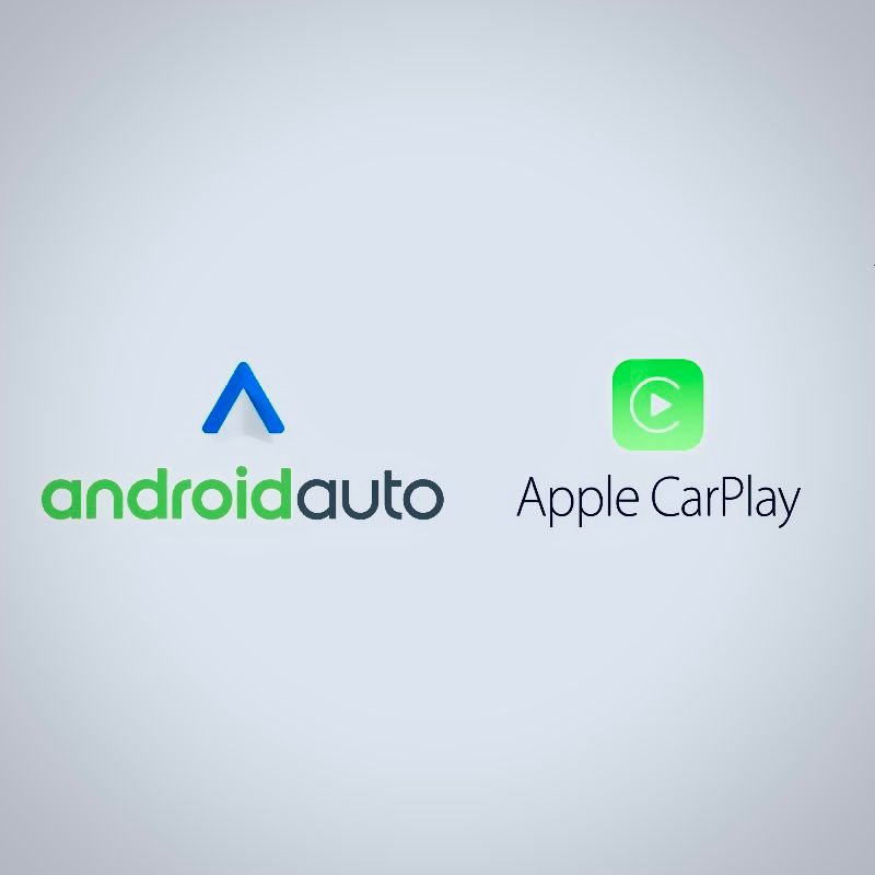 Apple CarPlay and Android Auto interface displayed on vehicle touchscreen with navigation and music controls