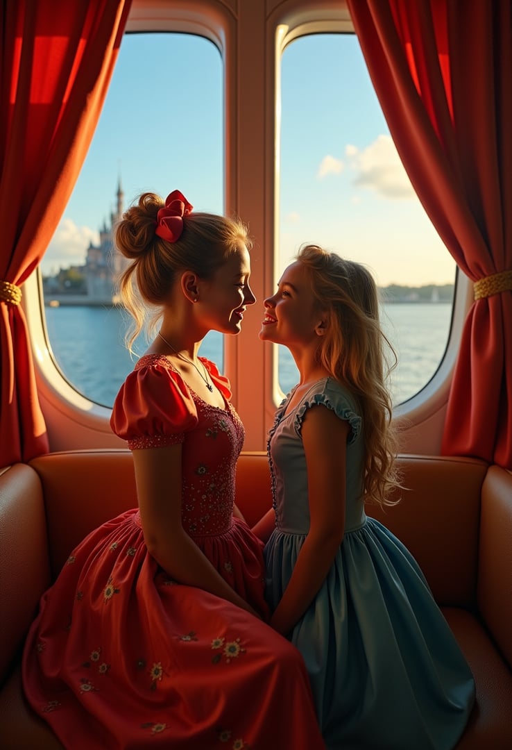 Two girls in vintage dresses sit on a boat, smiling at each other, with a scenic view of a castle through the window.