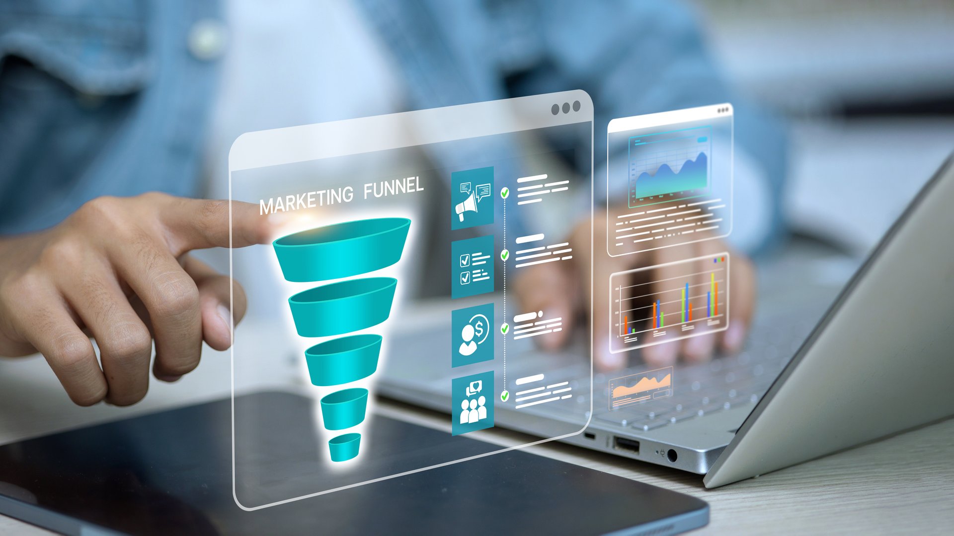 Businessman using laptop with virtual marketing funnel diagram and data analytics dashboard for sales strategy and customer conversion.