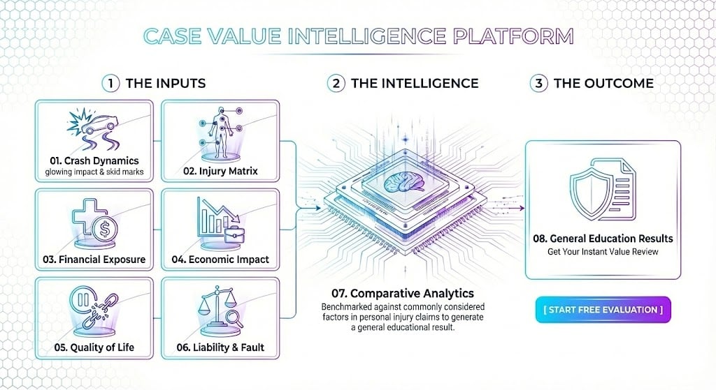 New Jersey injury value estimator infographic showing step-by-step claim evaluation process - Click to start your free evaluation