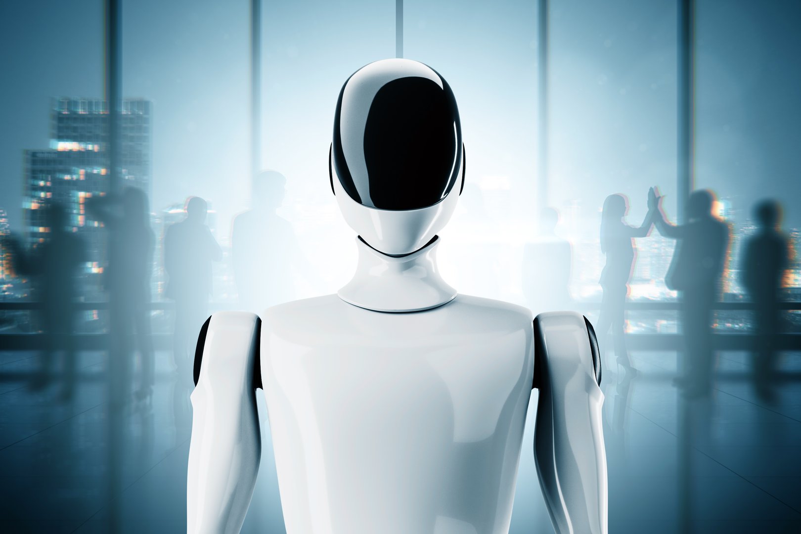 Futuristic humanoid robot with smooth surface shown in closeup on blurred office background with people silhouettes, concept of automation. 3D Rendering