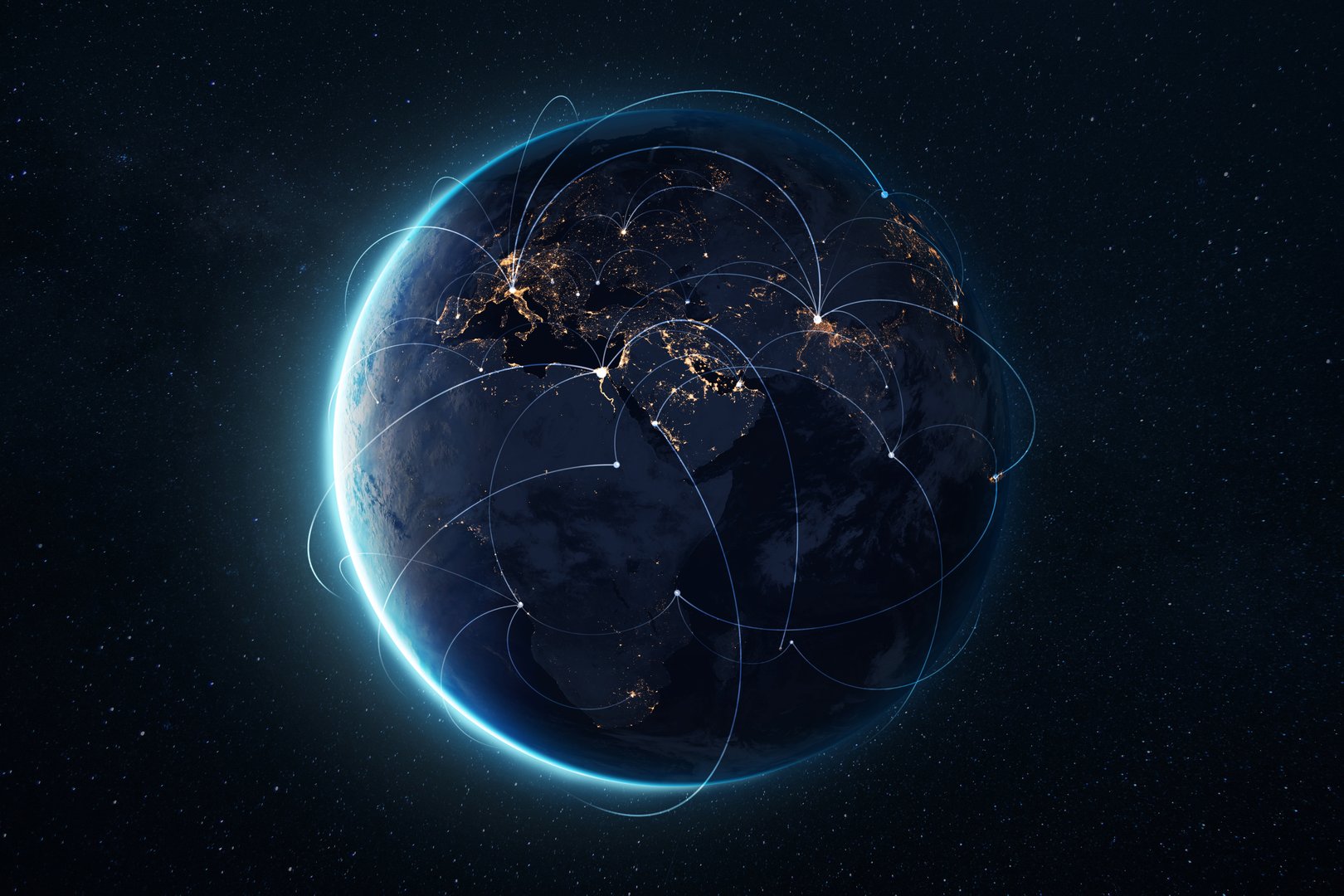 Digital connections around the world  planet Earth at night with glowing network lines representing global communication, data transfer, and worldwide internet connectivity in space.