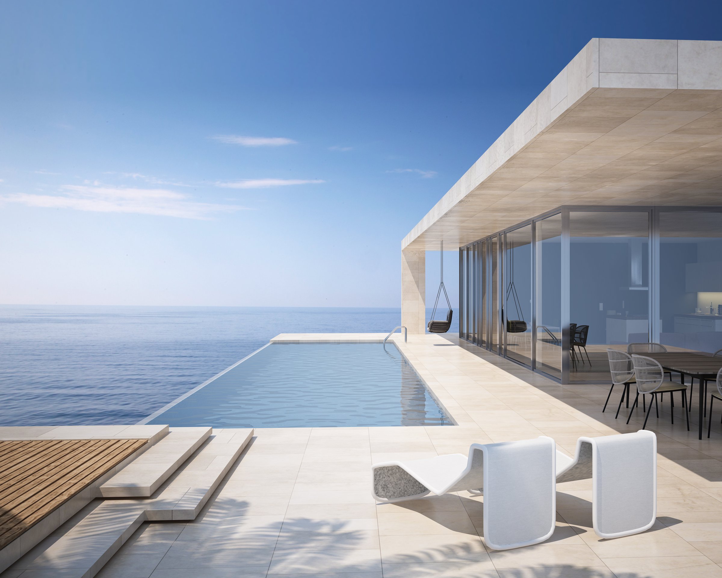 3d rendering of a modern villa with infinity pool and sea view