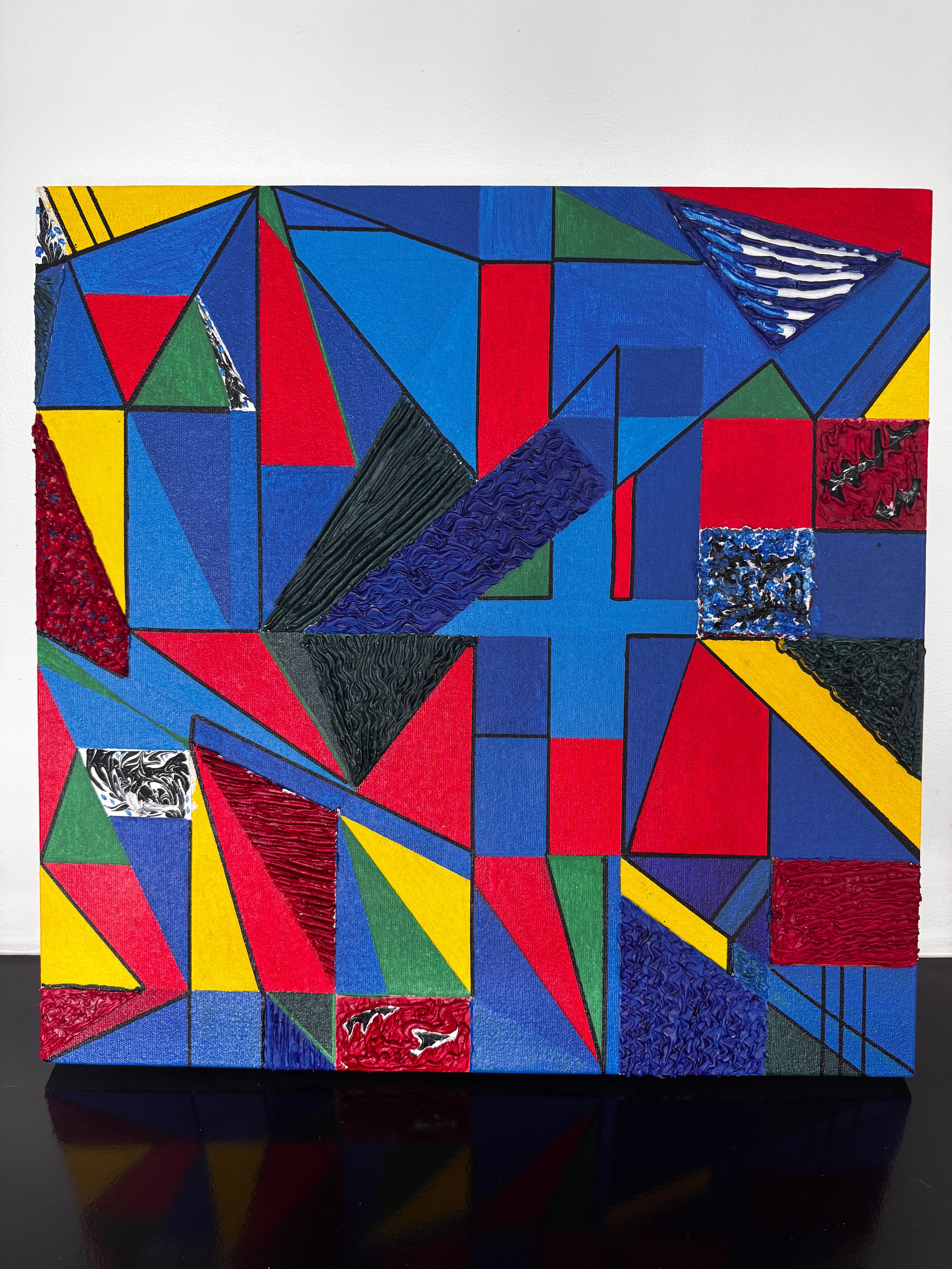 Abstract painting with geometric shapes in red, blue, yellow, and green, featuring textured surfaces on a white background.