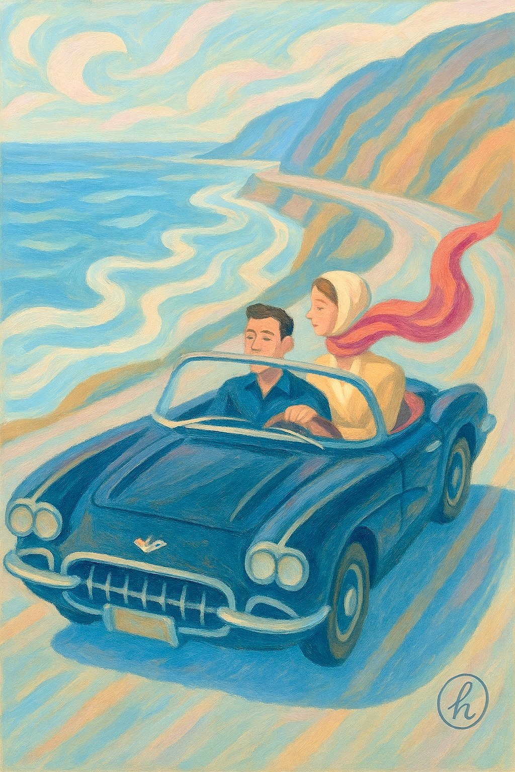 A couple drives a vintage convertible along a coastal road, the woman wearing a flowing scarf. The ocean waves crash beside them.