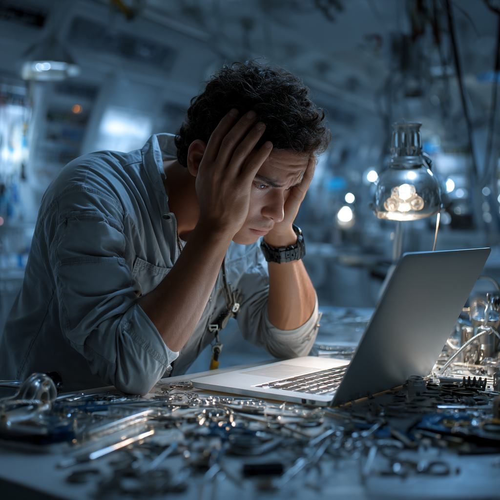 Man looks stressed at laptop in a cluttered workshop, surrounded by tools and electronic components.