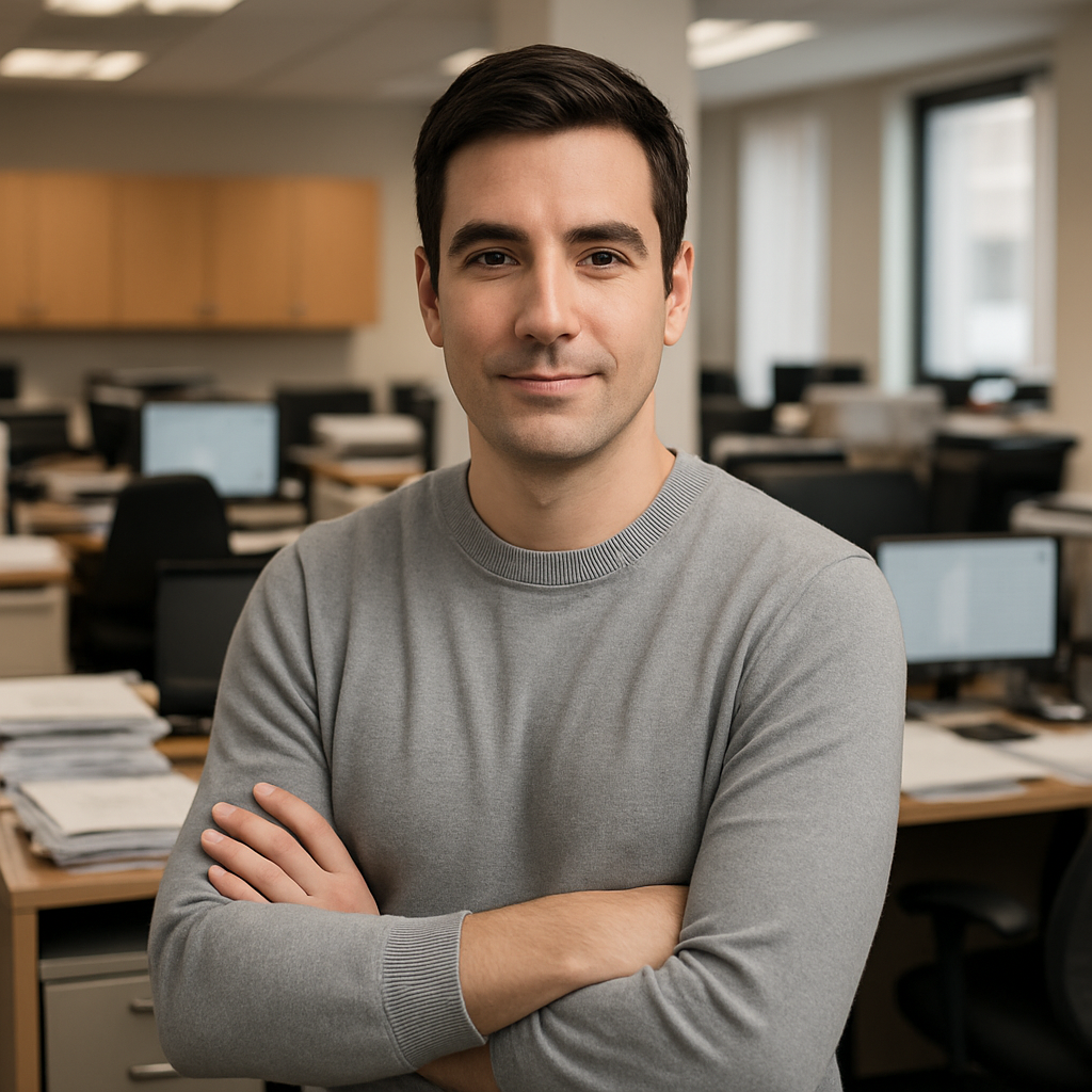 Man in a gray sweater with crossed arms smiling in an office with desks and computers.