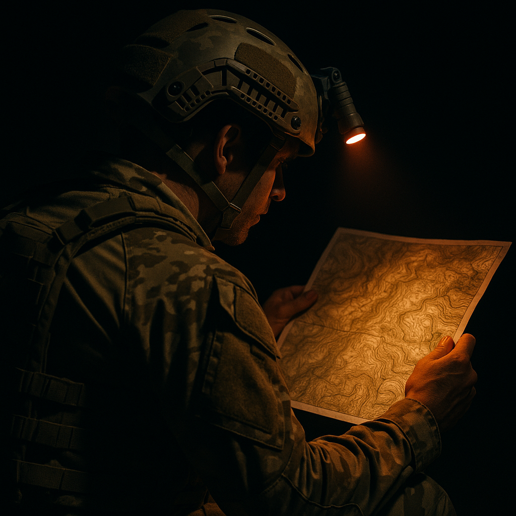 A soldier in camouflage examines a map under a red light from his helmet in a dark setting.