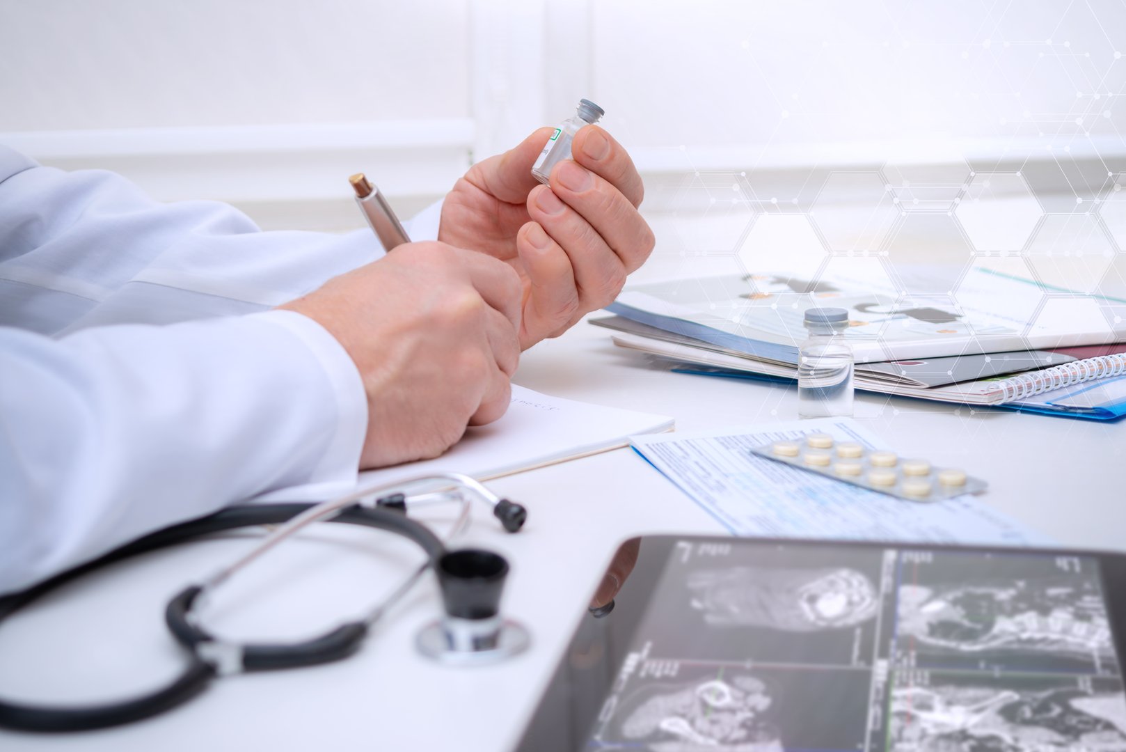 Medical scene showing a healthcare professional in a clinical setting, handling medication while analyzing patient data. Represents concepts of healthcare, consultation, and the modern medical process.
