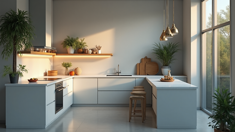 Kitchen-dining: shiplap walls ceiling, wood floors. Windows light. Cabinets top sink. Table chairs pendants. Decor: art bottles tree. Copy space. 3D rendering.