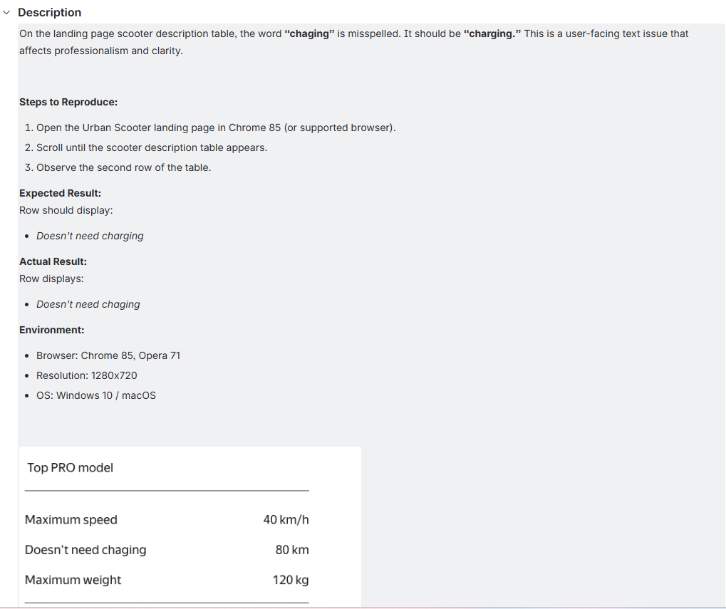 Web bug report - Misspelled text in scooter description table