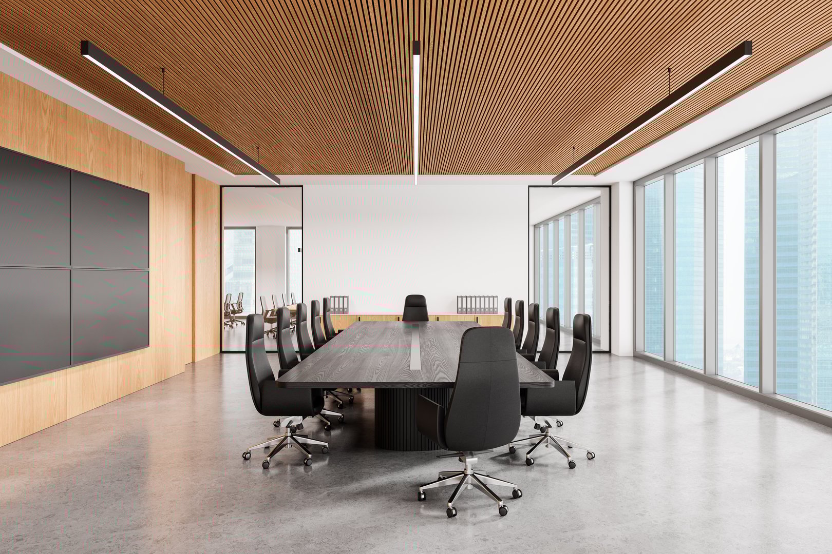 Office meeting interior with board and armchairs, laptop and tv screens in row on wall. Business conference space with panoramic window on Singapore skyscrapers. 3D rendering