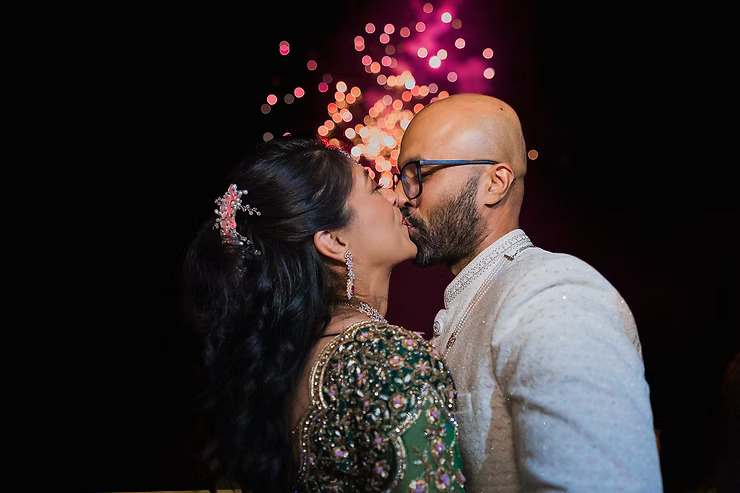 Fireworks display at Wendy and Harish's multicultural wedding celebration at Peach Creek Ranch