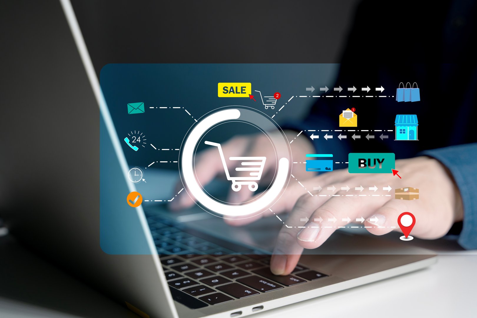 Modern ecommerce platform interface on laptop screen with online shopping cart, payment icons, delivery status, and purchase tracking system