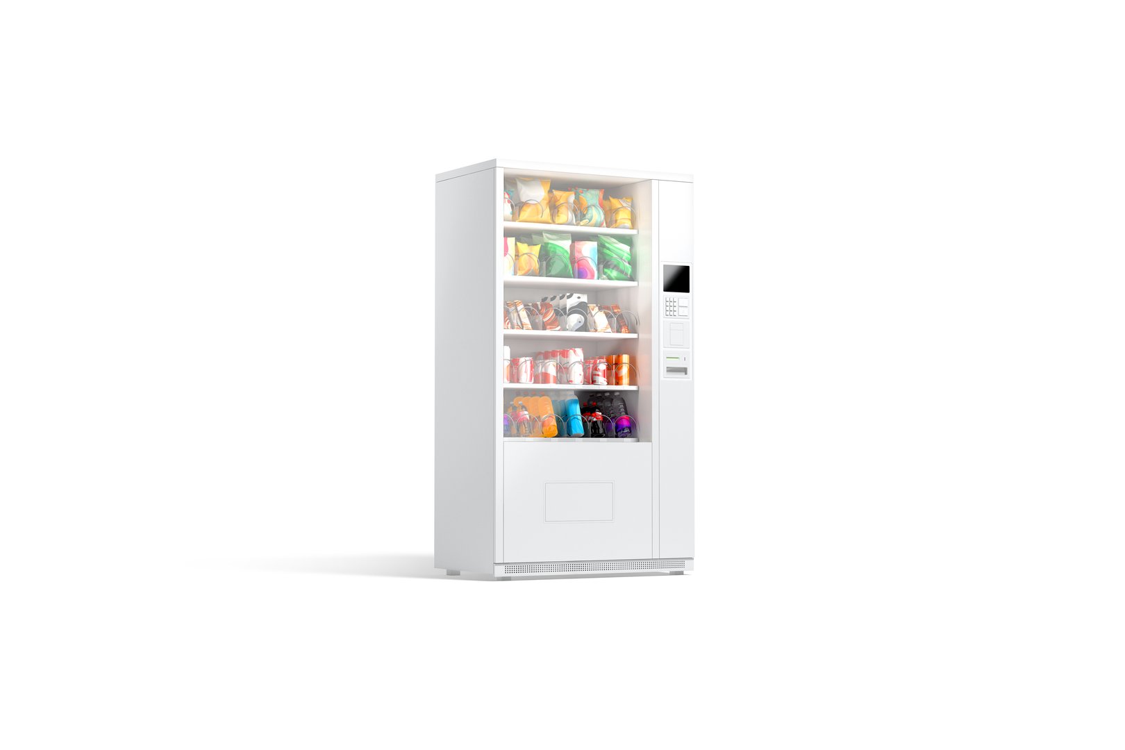 Blank white vending machine with snacks and drinks mockup, isolated, 3d rendering. Empty automatic vendor with food and water mock up, side view. Clear dispenser for sell by cash or coin template.