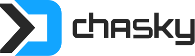 Logo of chasky with a stylized arrow and blue geometric design on the left.