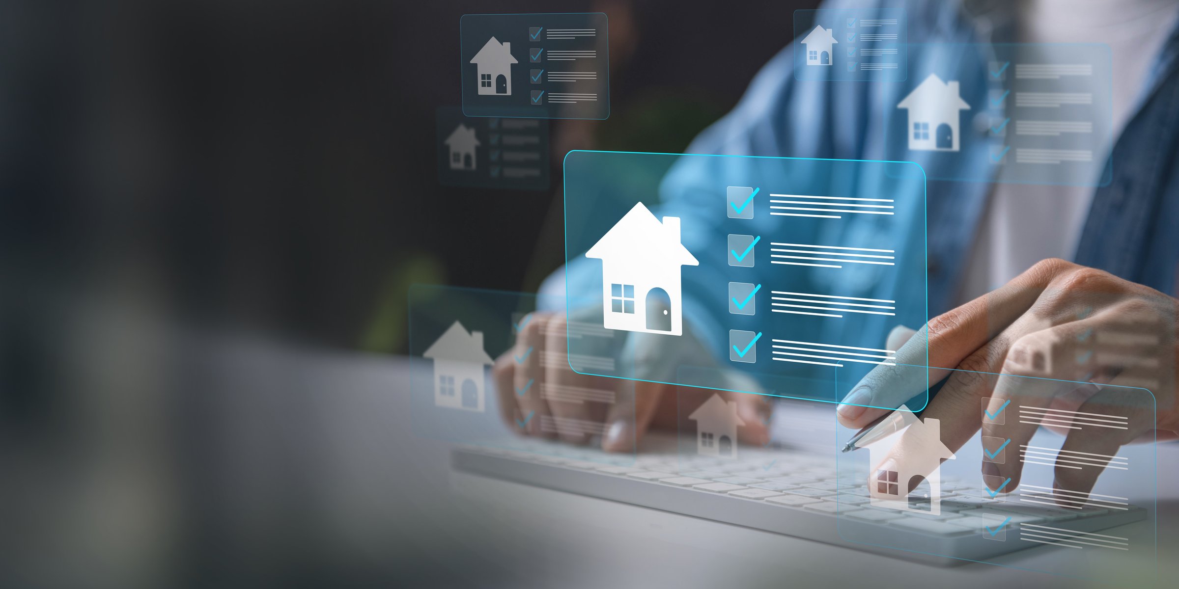 Real estate management concept, User navigating a digital home listings platform in a contemporary workspace, leveraging tools for real estate management, checklist planning, and property evaluations.