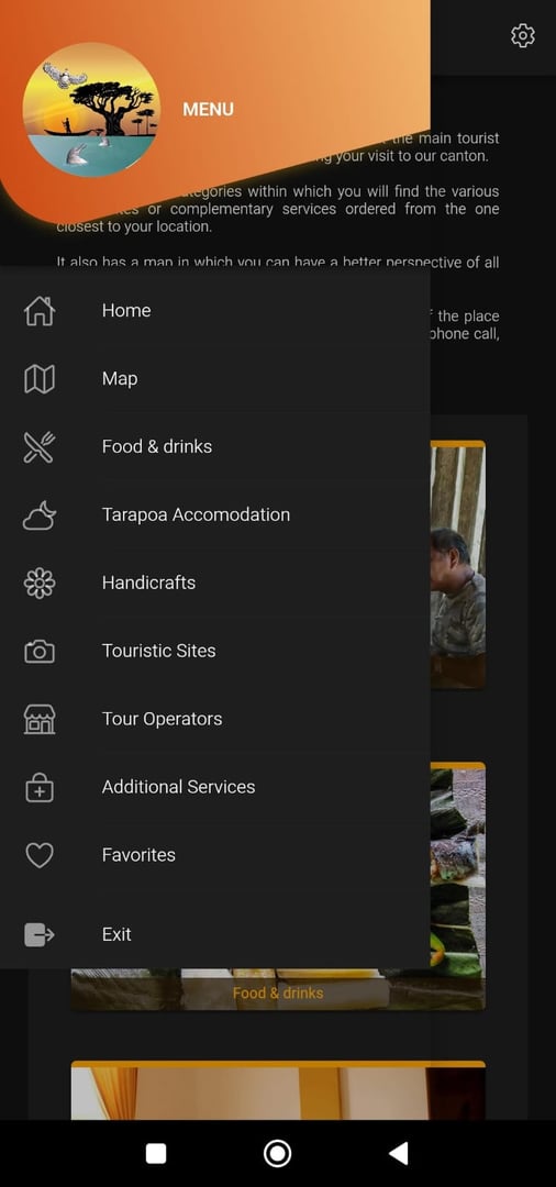 Pantalla de menú principal en inglés de la aplicación Explore Cuyabeno