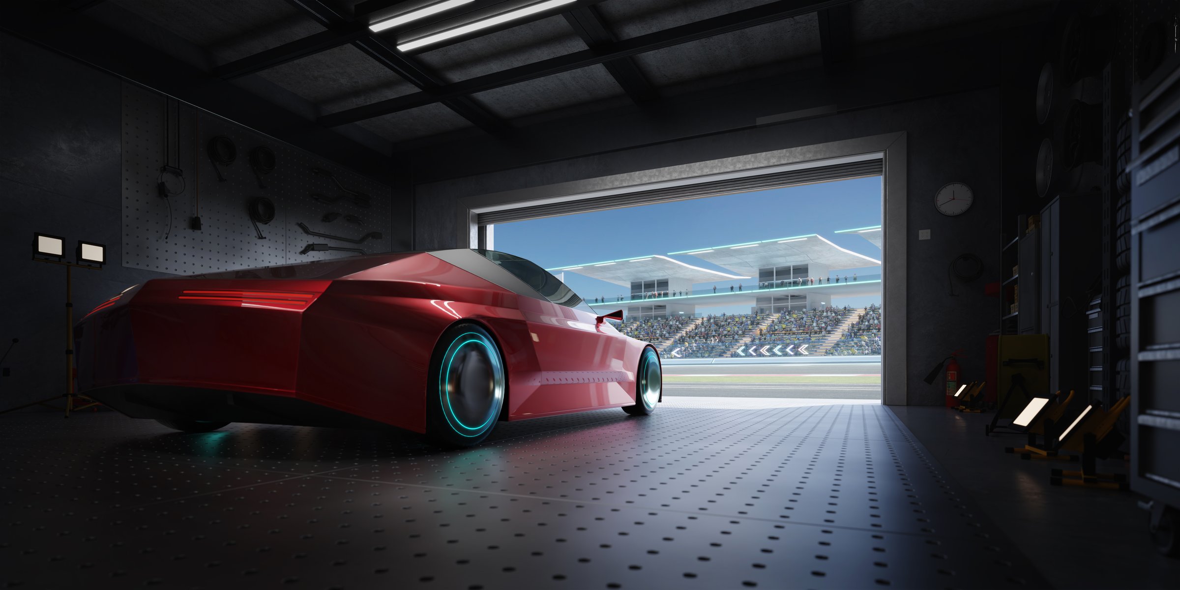 Sleek red futuristic racing car parked in garage, ready for race, glowing wheels, racetrack and crowd visible. 3D rendering