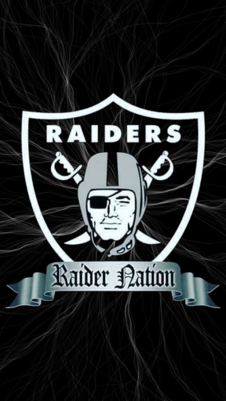 Oakland Raiders logo with a pirate face, crossed swords, and Raider Nation banner. Dark background with web-like pattern.