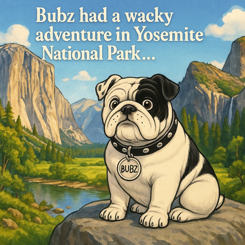 Cartoon bulldog with a Bubz tag sits on a rock in a scenic view of Yosemite National Park with mountains and a river.