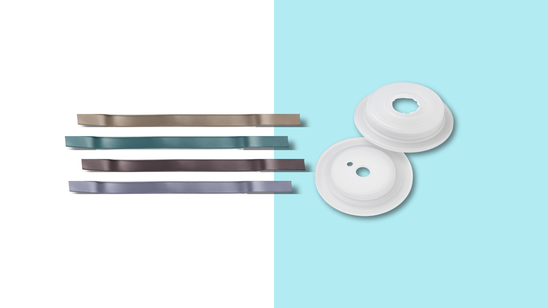 Four ribbon clips and two white plastic discs on a split white and blue background.