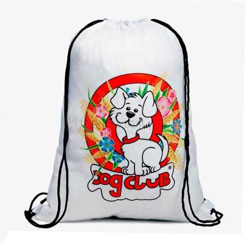 White drawstring bag featuring a cartoon dog with flowers and the text Dog Club, with black drawstrings.