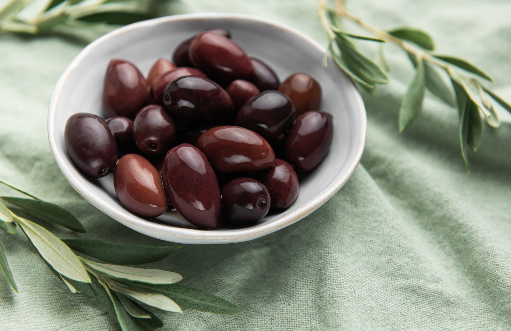Kalamata olives are presented in a bowl alongside olive branches, showcasing the rich color and texture of these greek delicacies