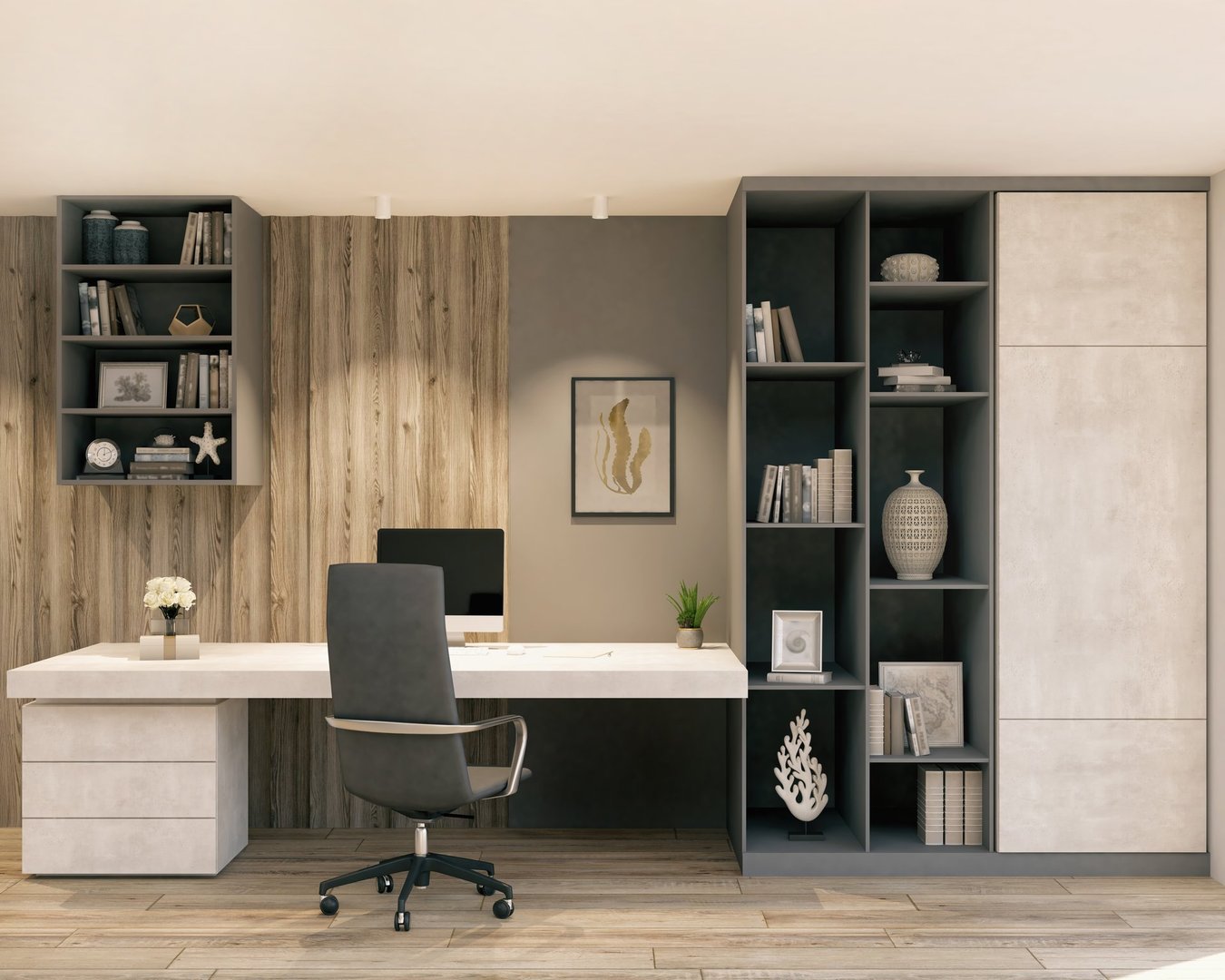 Picture of a modern home office. Render image.