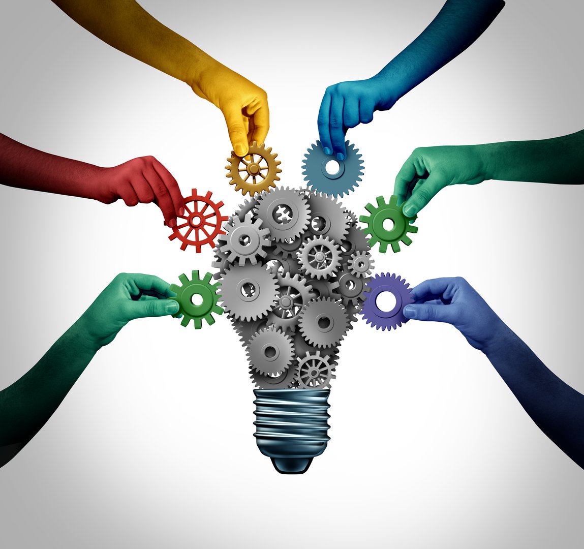 Diverse group solutions and creative business partnership as multicultural people uniting together to connect and contribute as an integrated team for a common idea.