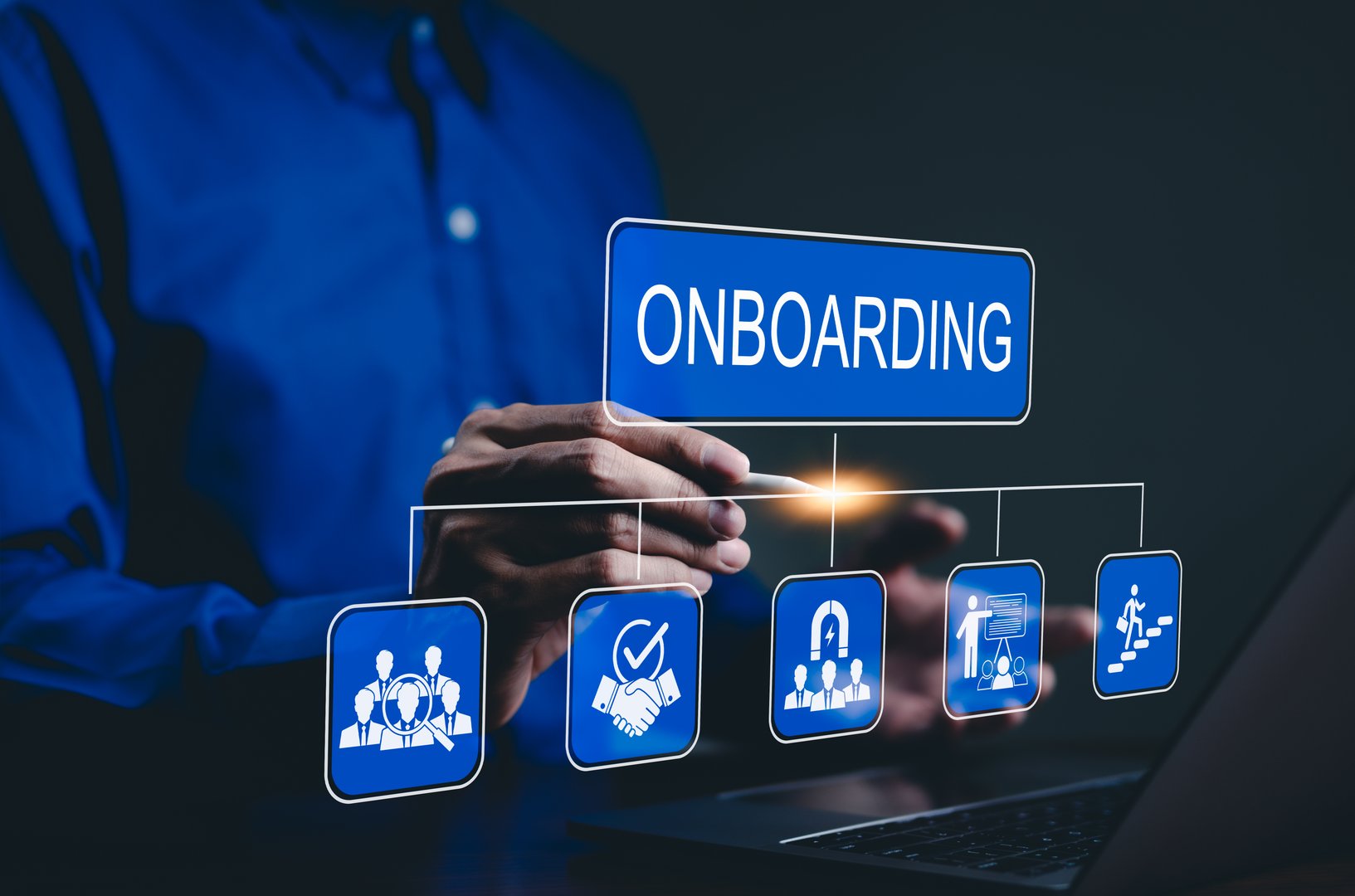 Onboarding Process Concept. Business professional illustrating a digital onboarding process with icons for recruitment, onboarding worker management, new employee training, and employee journey.