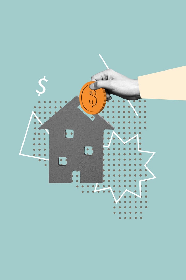 Creative design composite trend artwork collage of hand hold pull savings coins new house real estate achievement startup target business.