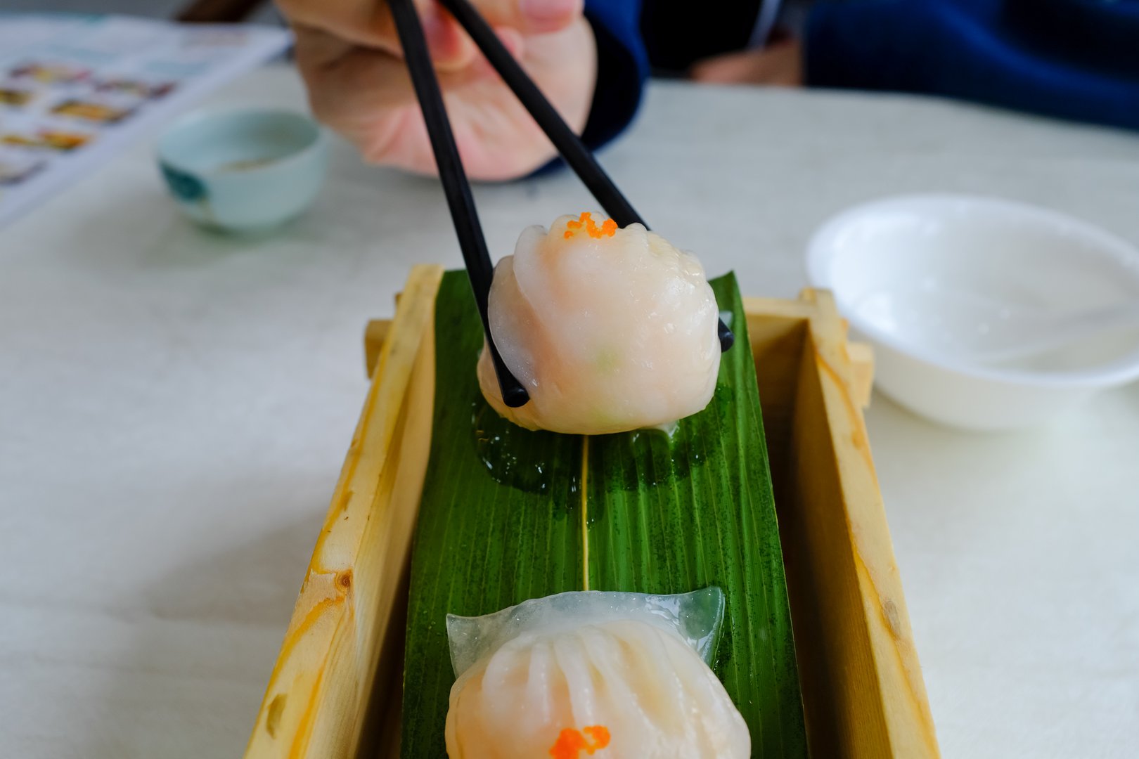 Close-up of shrimp dumpling, har gow. Traditional and common food in Yam Cha Culture. Chinese culture and Chinese cuisine. Food and beverage concept.