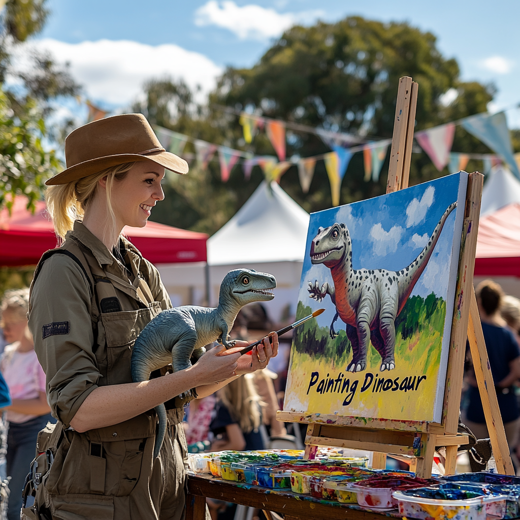 Woman in hat painting a dinosaur on canvas outdoors, holding a dinosaur toy, surrounded by tents and colorful flags.