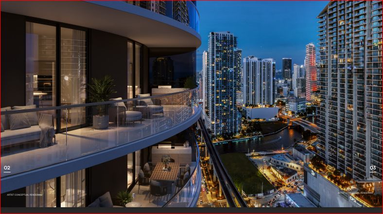 Modern high-rise with curved balconies overlooking a nighttime cityscape of skyscrapers and a river.