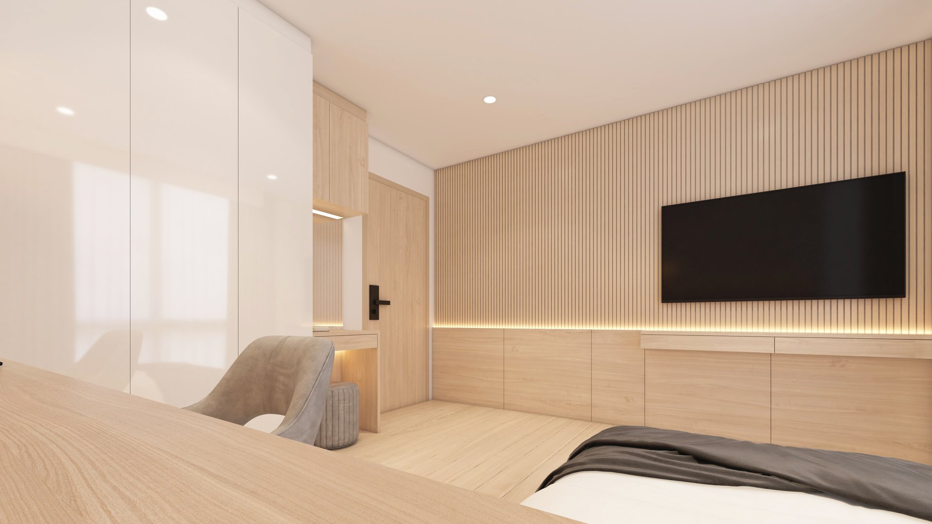 Modern minimalist style bedroom decorated with work desk and bedside table, wood dressing table and wood wardrobe, wood tv cabinet and wood slat wall. 3d rendering