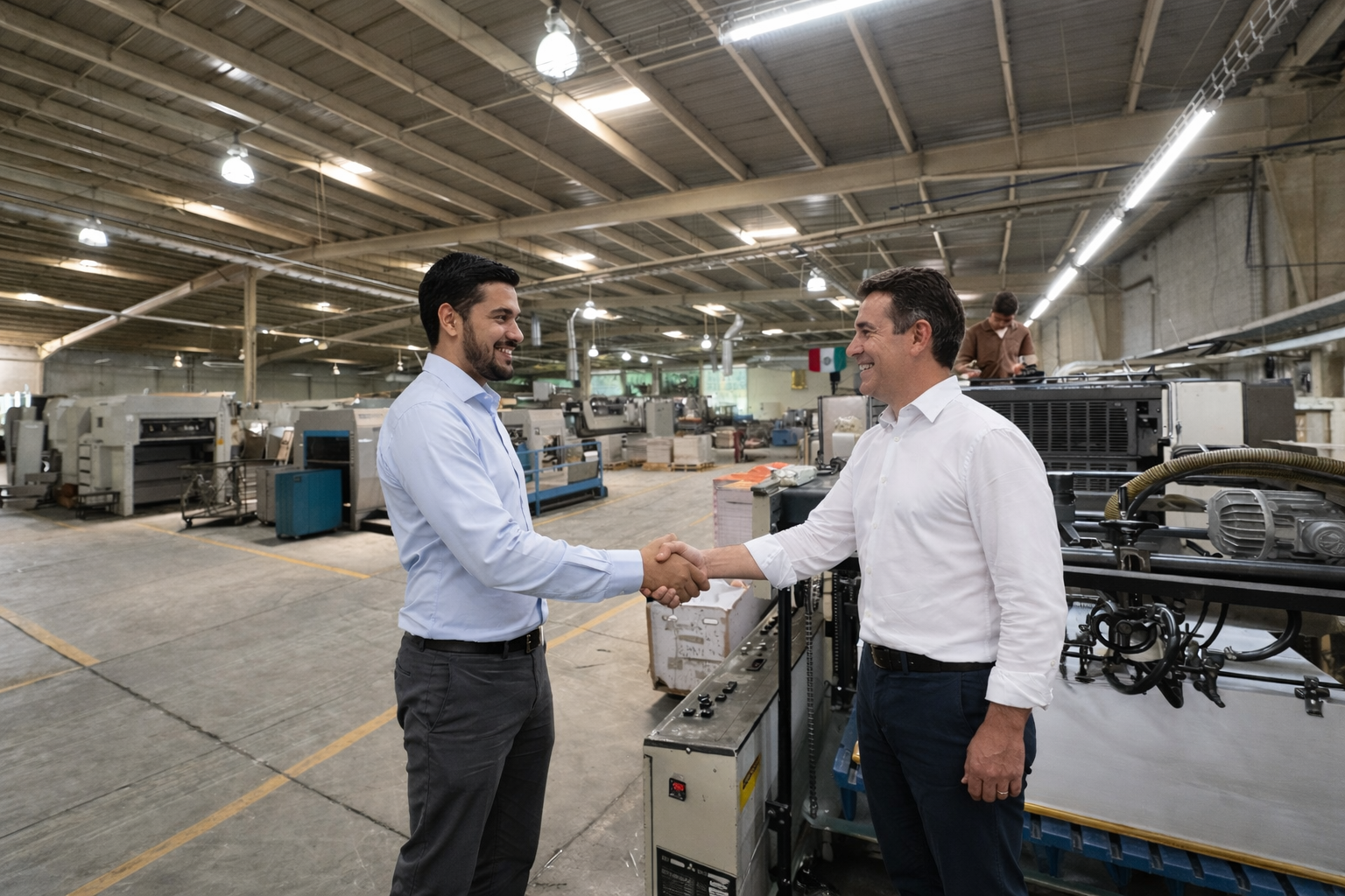 Two men wearing safety helmets and vests shake hands in a factory environment, signifying cooperation and teamwork. The machinery in the background highlights the industrial and production setting.
