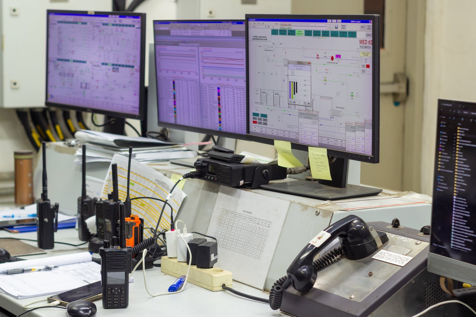 Operations center depicts various monitoring screens alongside radio transceivers for high-stakes communication