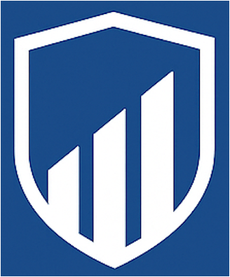 A blue and white logo featuring a stylized shield with three vertical bars increasing in height, resembling a growth chart.