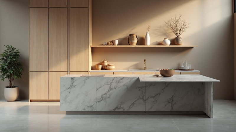 Objects and flowers, kitchen workspace with mosaic tile wall. Traditional apartment interior, Italy. Ceramic tableware and kitchenware.