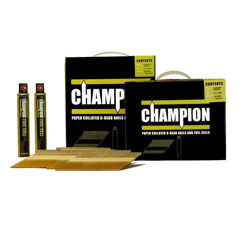 Two boxes of paper collated D-head nails and two fuel cells, labeled "Champion." Nails are fanned out in front.