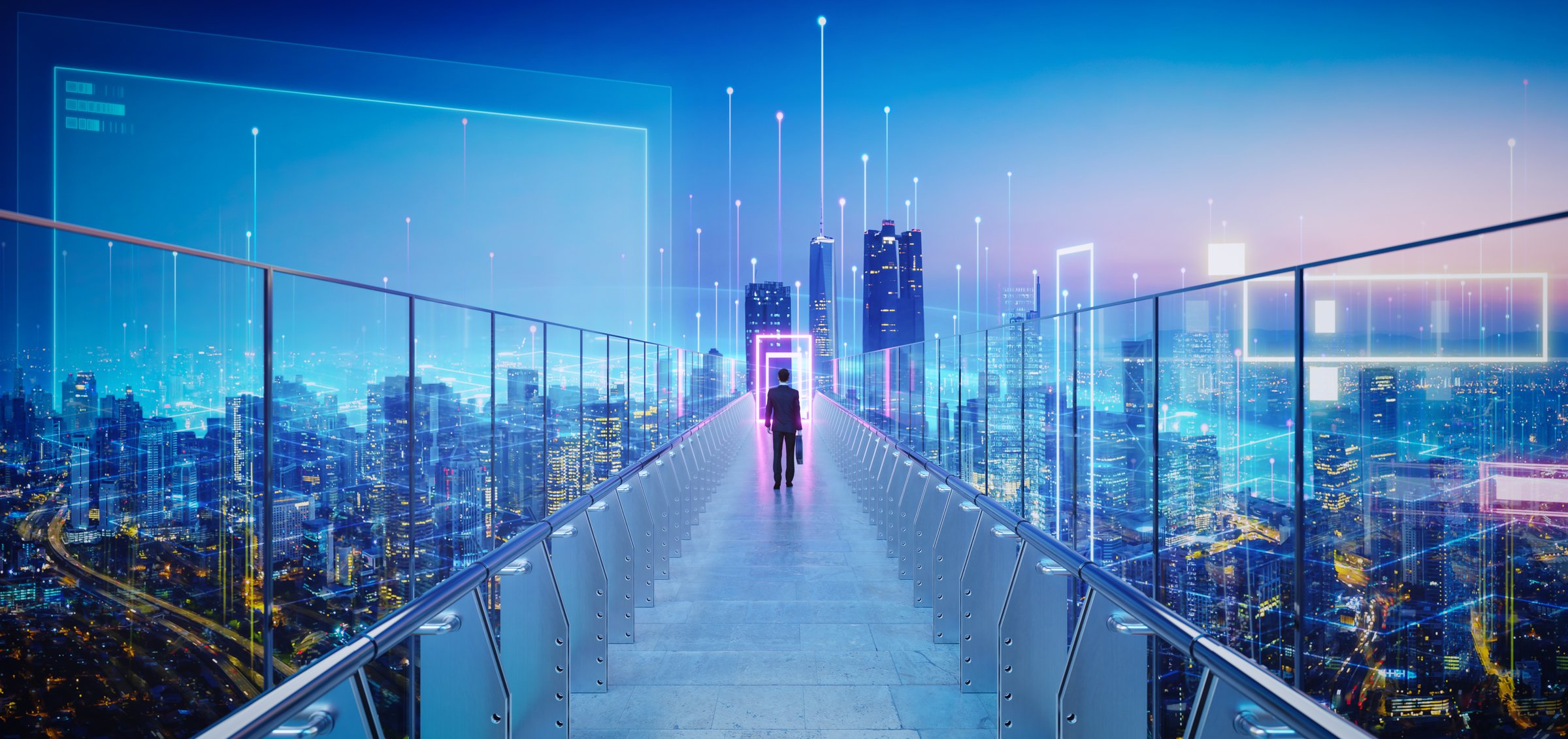 Businessman walking on skywalk bridge to glowing information portal above futuristic cityscape with digital transformation at dusk