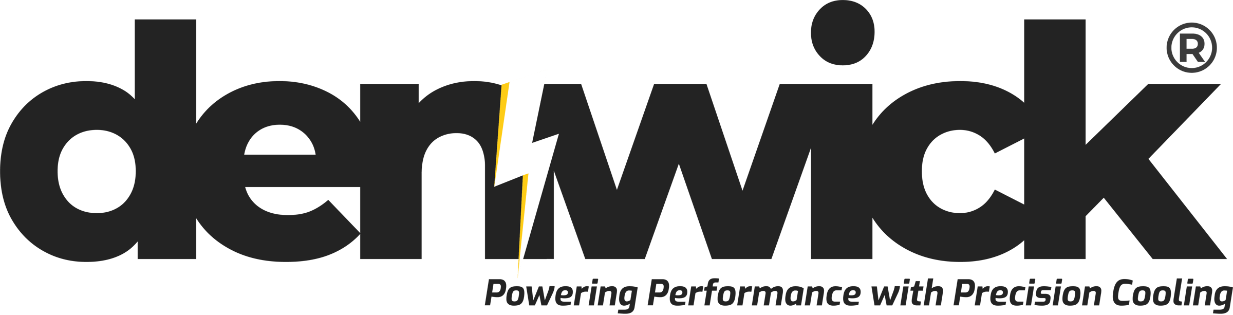 Logo of Denwick with a hexagonal design, featuring the text Powering Performance with Precision Cooling in yellow and black.