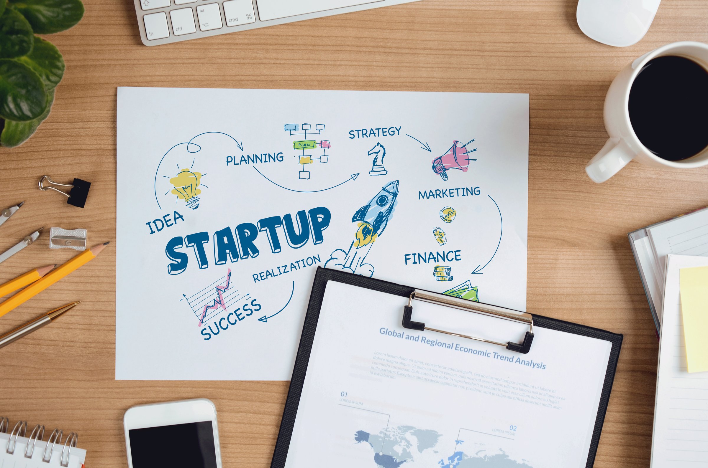 Top view of office workspace with scheme from idea through the planning, strategy, marketing, finance, to realization and market success. Concept can be used for several purposes like website banner, background, poster, presentation templates and marketing materials.