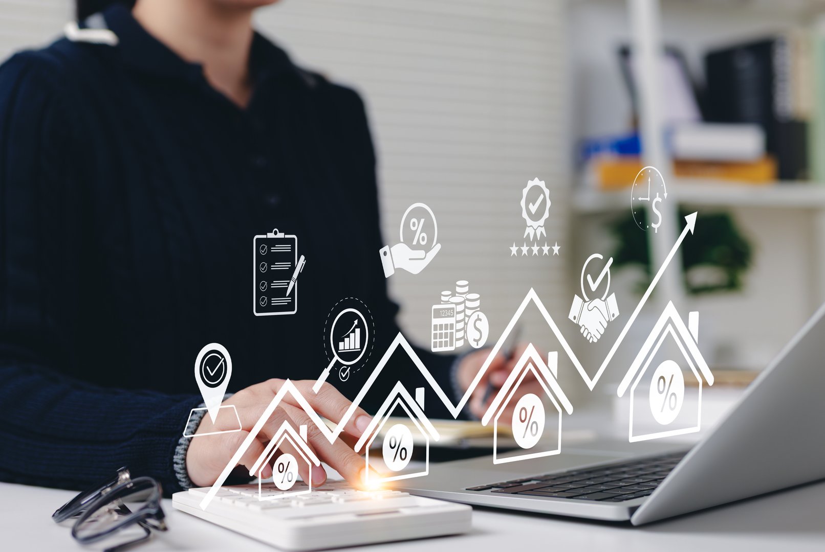 Real estate investment and market growth concept. Analysis of real estate market growth trend. graph show rising house price, interest rate, property mortgage, loan home, and investment opportunities.
